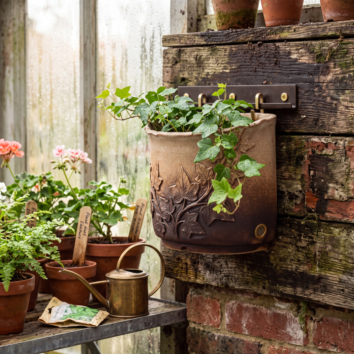TERRA Collection | Ivy Carved Wall Planter — Hand-Carved Sandstone Fiber Clay Pocket Pot with Brass Hardware