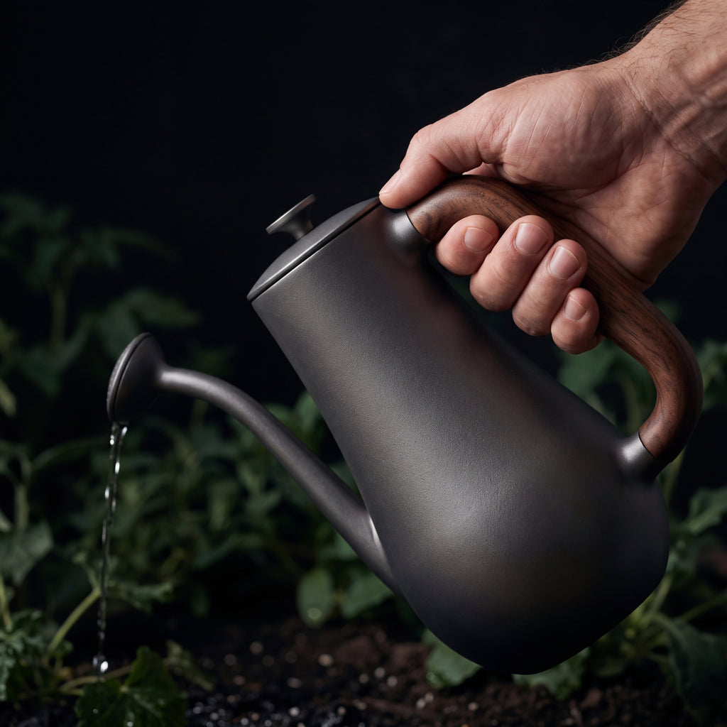 STEEL Collection | Cast Iron Long-Spout Watering Can — Walnut Handle, Brass Rose Sprinkler