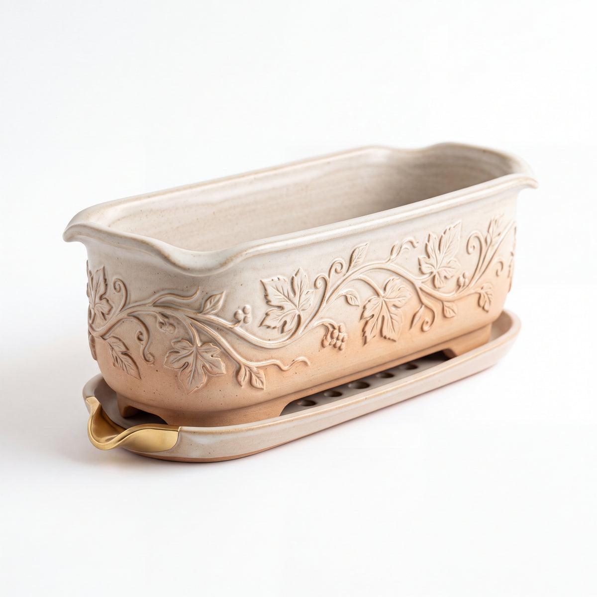 TERRA Collection | Vine Carved Trough Planter — Hand-Carved Rectangular Fiber Clay Pot with Brass Spout Tray